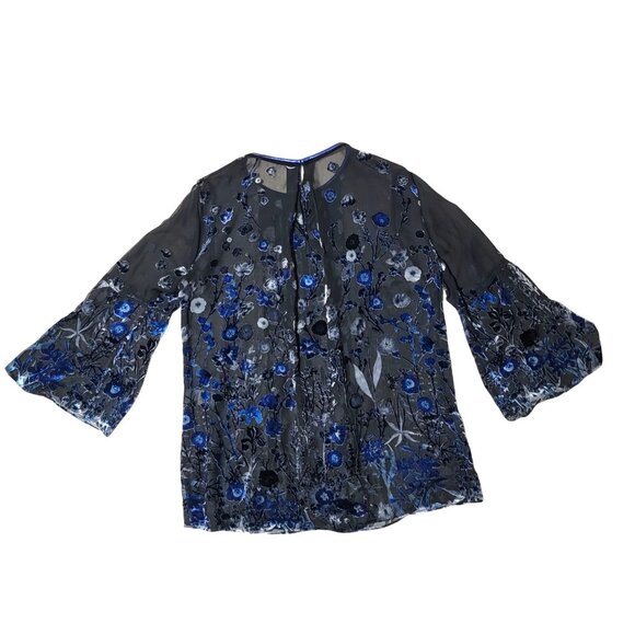 Tahari Peasant Top Womens Medium Burnout Velvet Floral Bell Flare-Sleeve Sheer - Picture 3 of 12